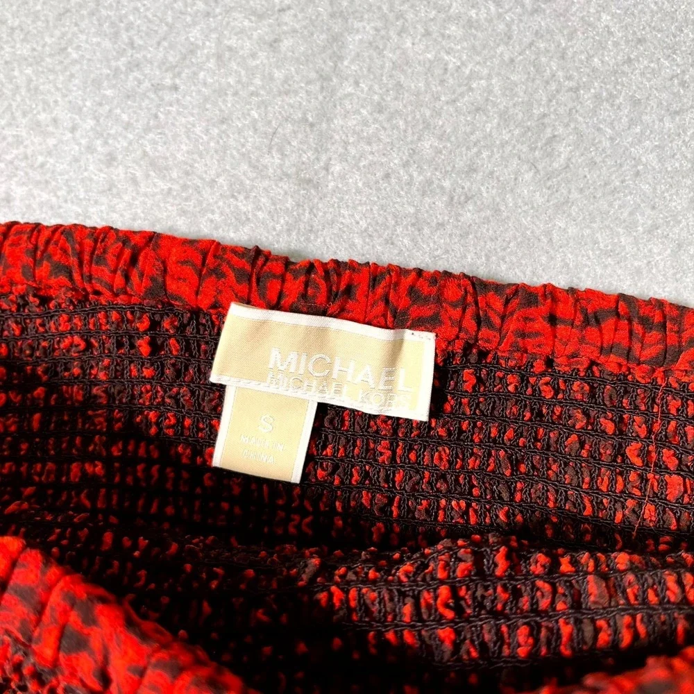 Michael Kors Mini Skirt Womens Small Red‎ Black Animal Print Smocked Ruffle Hem